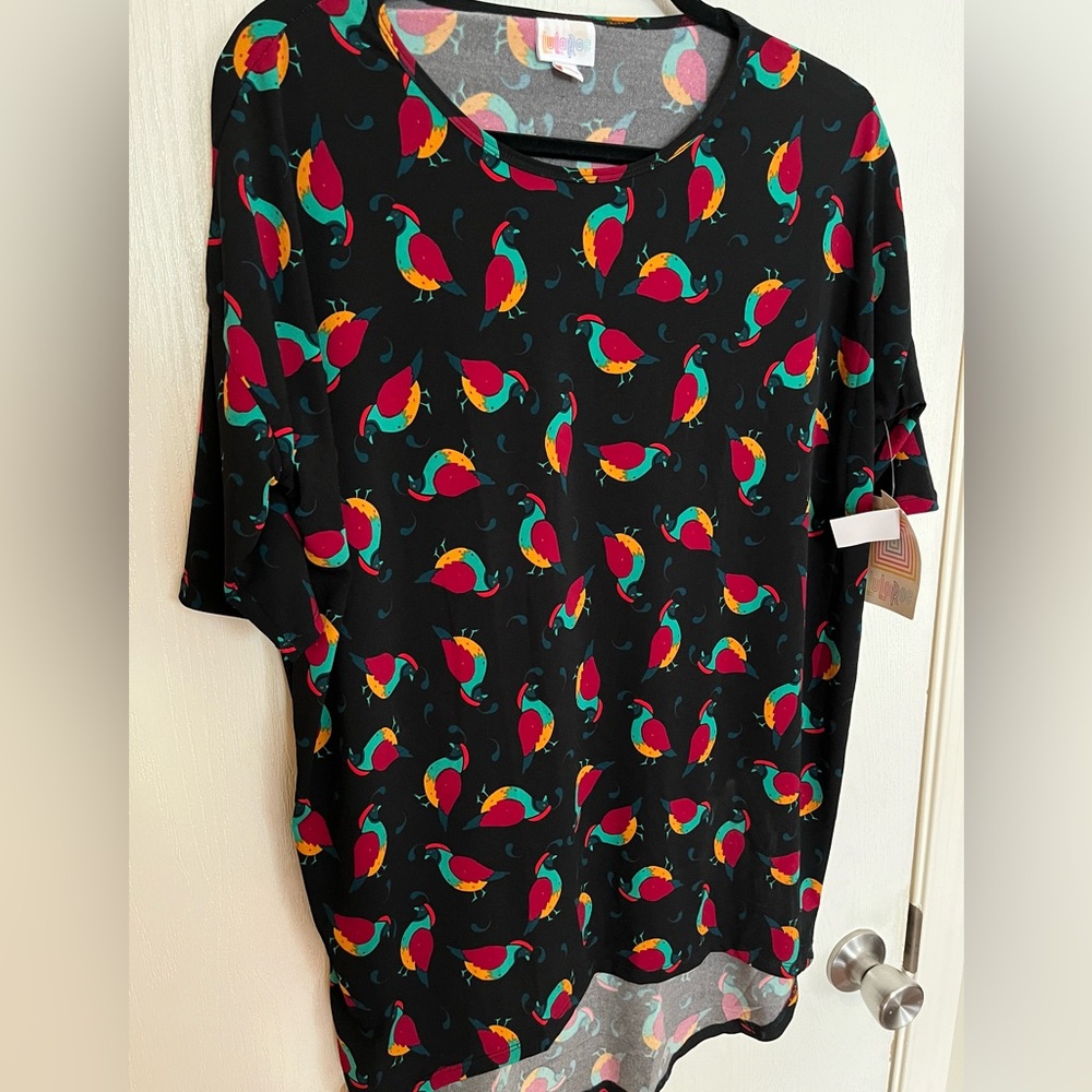 Lularoe size XS Irma  NWT black background and quail print